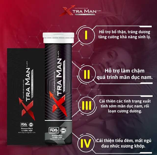 Viên sủi Xtraman Black Hỗ Trợ Sinh Lý Nam Giới (Hộp 12 Viên)